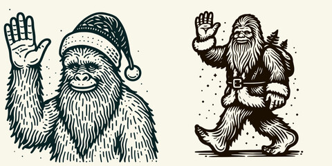 Obraz premium Bigfoot in Santa Claus Costume Waving Cheerfully
