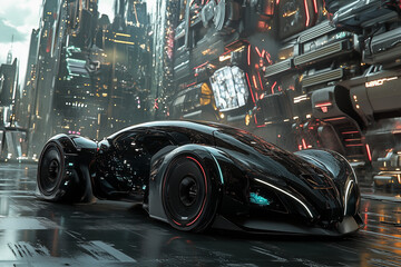 Obraz premium A sleek modern electric car driving through a futuristic city with towering buildings and advanced infrastructure, with copy space. Neon lights and high-tech ambiance. 