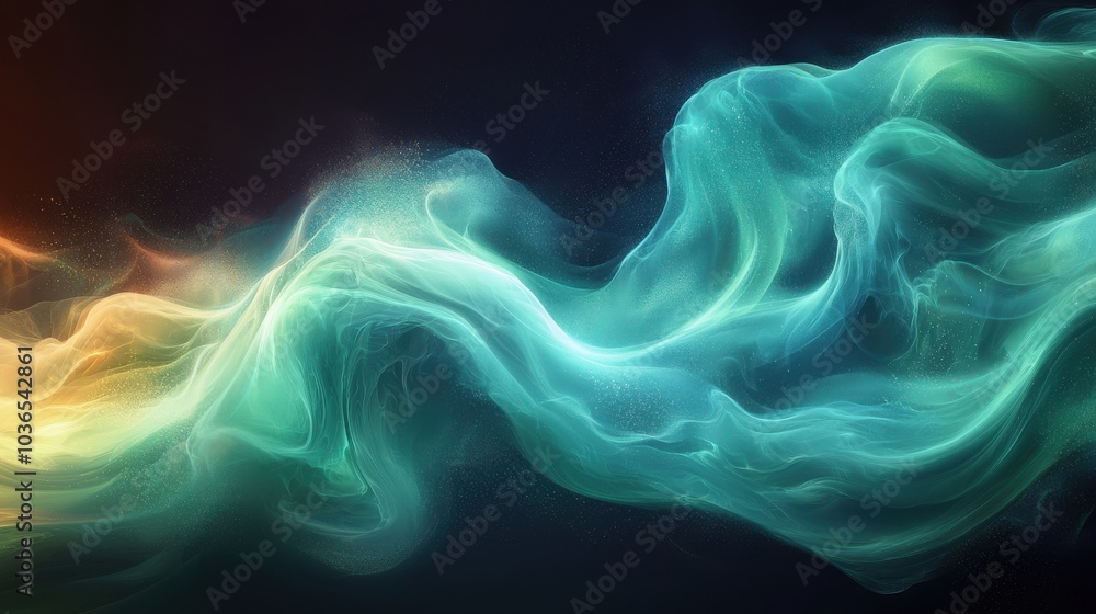 Poster flowing abstract patterns in vibrant colors illuminate the dark background, creating a sense of move