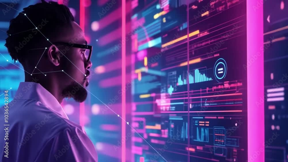 Aufkleber In a futuristic setting, a man wearing glasses observes intricate digital data streams illuminated in bright colors, showcasing his deep focus on technology and information.