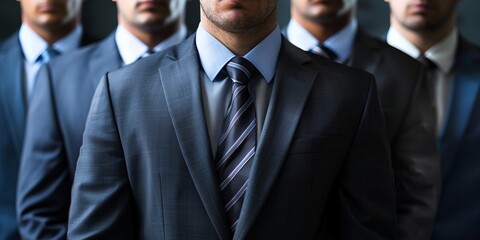 Business Professionals in Formal Suits Standing in a Row, Focus on Leadership and Teamwork in Corporate Environment