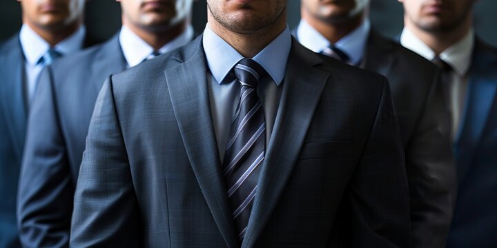 Business Professionals in Formal Suits Standing in a Row, Focus on Leadership and Teamwork in Corporate Environment