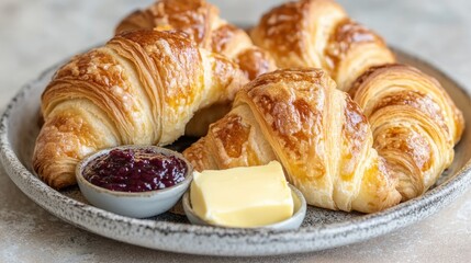 Freshly baked croissants with a perfect flaky crust on a plate, with butter and jam dishes, symbolizing a cozy breakfast.