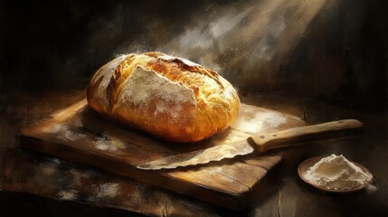 Freshly baked loaf of bread with a golden crust resting on a wooden cutting board, with a bread knife and flour dusting around.