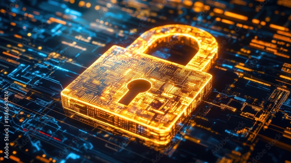 Poster futuristic padlock symbol in a glowing digital interface, perfect for cybersecurity and encryption c
