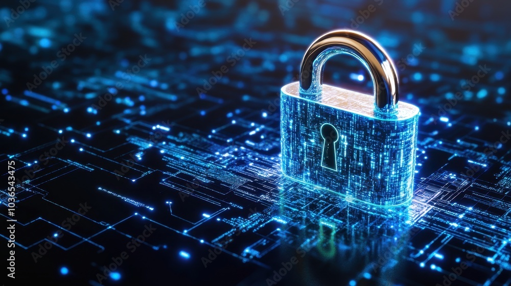 Poster futuristic padlock symbol in a glowing digital interface, perfect for cybersecurity and encryption c