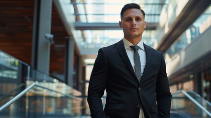 Fototapeta premium Confident Businessman in Modern Office Atrium with Glass Ceiling and Contemporary Architecture