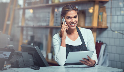 Woman portrait, cafe and phone call on tablet, small business and talk to customer with online order. Female person, coffee shop and waitress for food delivery or takeaway, networking and help client