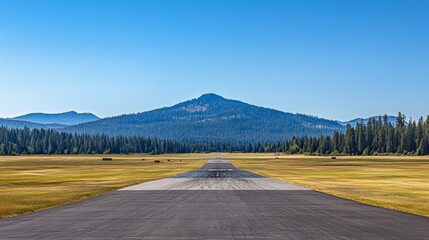 A clear view of a runway leading to a mountain landscape under a blue sky.