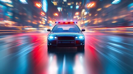 A police car with flashing lights in a blurred, colorful urban night scene.