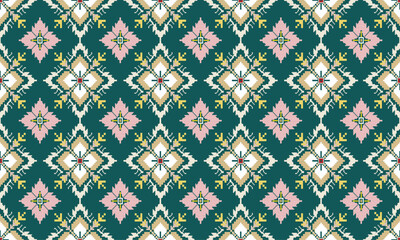 A complex, traditional textile pattern with intricate details. Predominantly green, pink, yellow, and white, the colors create a visually striking composition.