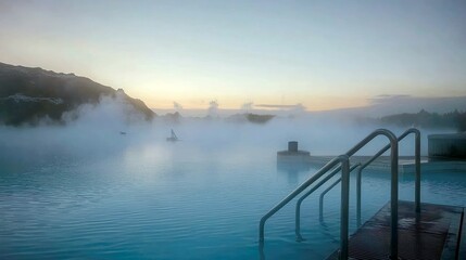 Fototapeta premium A scenic view of a geothermal spa in Iceland, with a hazy sunrise in the distance.