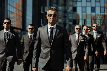 Fototapeta premium Confident Businessmen in Suits Walking Outdoors in Urban Setting with Modern Glass Buildings in Background