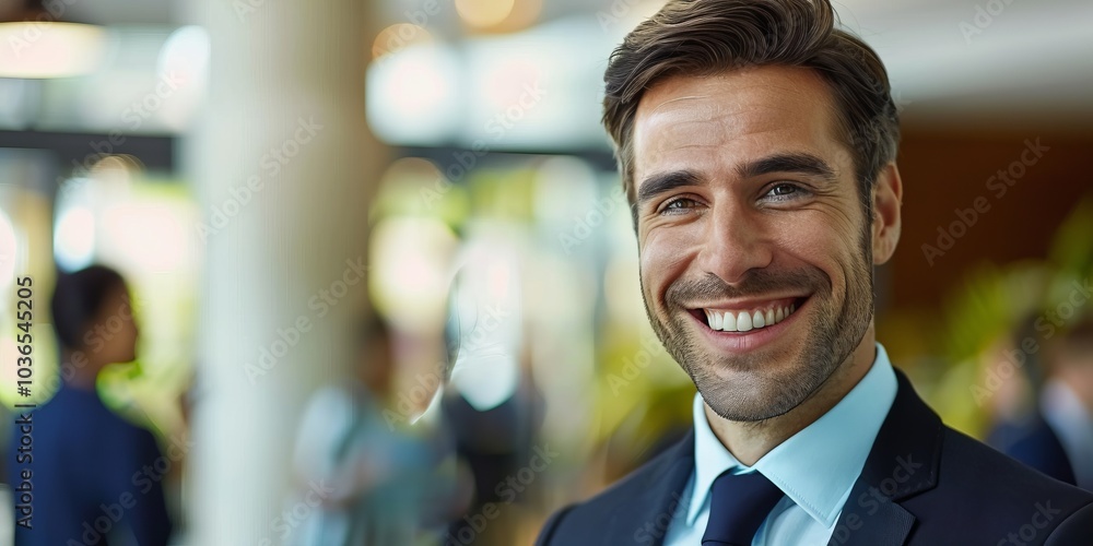 Poster a portrait of a businessman with a friendly and approachable smile, fostering connection with the vi