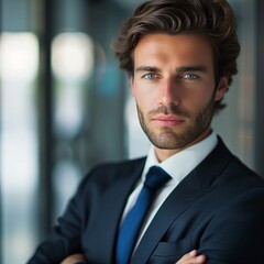 Fototapeta premium Confident Business Professional in Modern Office Setting with Natural Light and Contemporary Design Elements