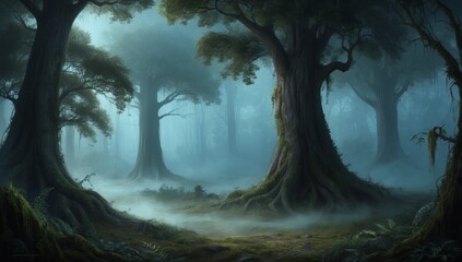 Fototapeta premium Mysterious Foggy Forest Landscape at Dawn with Gnarled Trees