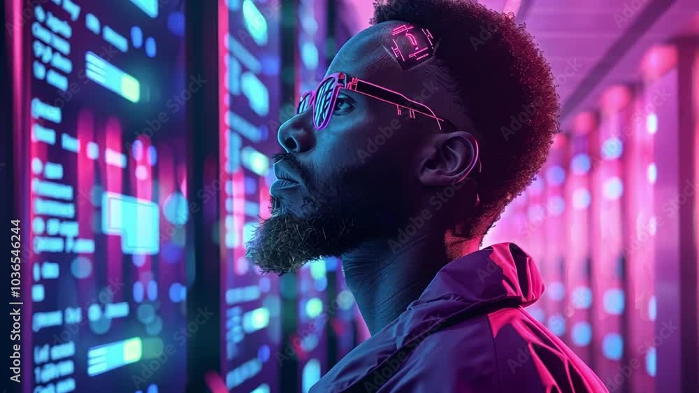 Aufkleber in a contemporary tech space, a man thoughtfully examines data trends on illuminated screens. the at