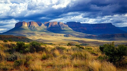 Fototapeta premium A scenic view of a mountain range with dramatic clouds in the sky, set against a backdrop of rolling hills and grasslands.