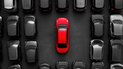 Overhead shot of a busy parking lot, with rows of cars in various shades of gray and a single vibrant red car capturing attention.