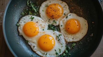 Overhead view of three sunny side up eggs in a frying pan, their yolks gleaming under soft light, surrounded by fresh herbs.