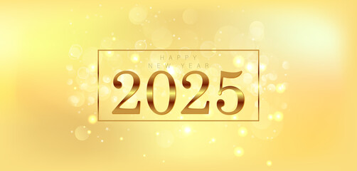 Happy New Year 2025 with a shimmering gold background and a beautiful bokeh effect creating a festive atmosphere