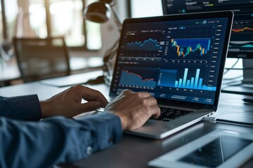 businessman analyzing business diagram and marketing statistics on laptop monitor in the office