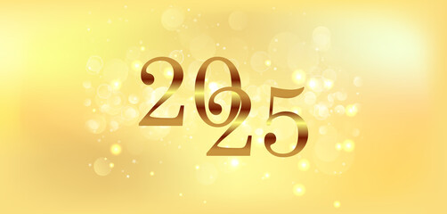 Happy New Year 2025 with a shimmering gold background and a beautiful bokeh effect creating a festive atmosphere