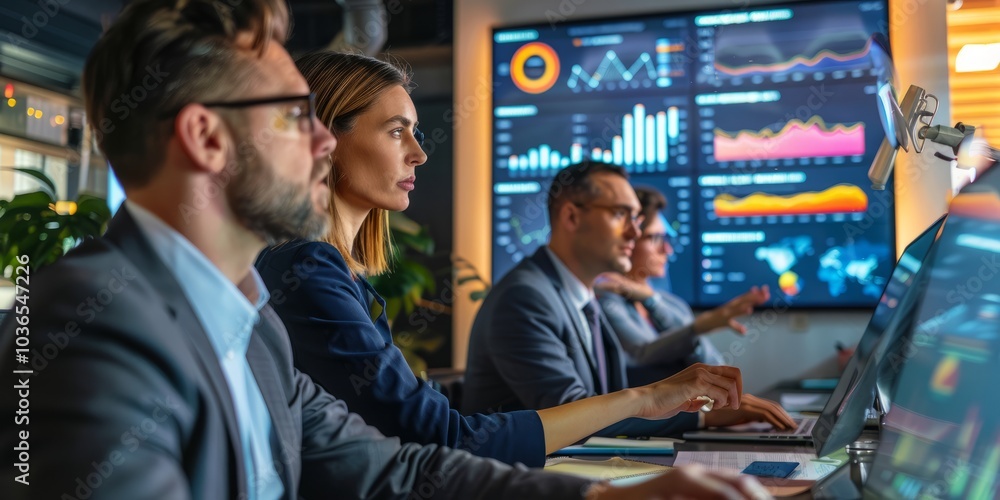 Poster diverse team of professionals analyzing data on multiple screens in a modern office environment with