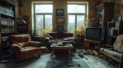 Fototapeta premium Cozy Vintage Interior Filled with Forgotten Remnants of the Past
