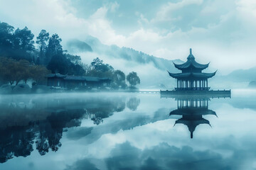 Obraz premium calm lake reflecting an ancient pavilion and tall trees standing beside it