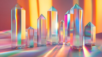 Crystal prism arrangement with iridescent reflections and soft light for geometric abstract design