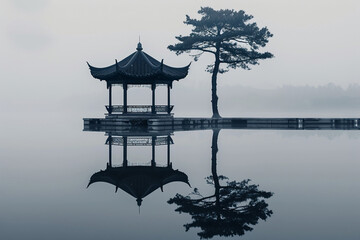 calm lake reflecting an ancient pavilion and tall trees standing beside it