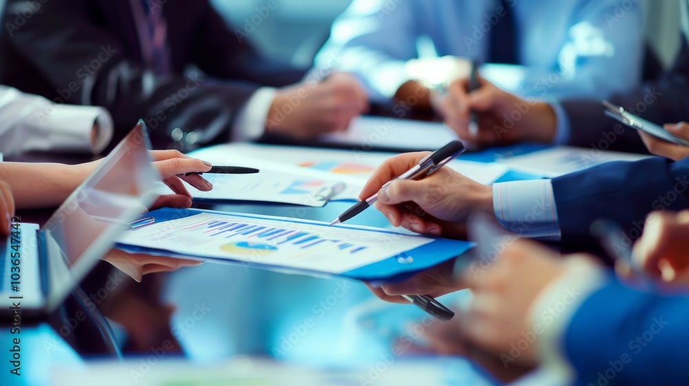 Aufkleber business team analyzing financial data in a modern office setting with graphs and charts on a table