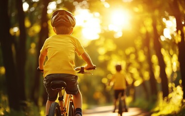 Children biking during golden hour in a sunlit forest trail.