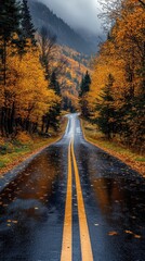 Fototapeta premium Autumn Road Through Forest, Misty Mountain Landscape Photo