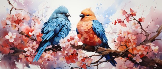 Australian Birds Among Blossoms in Watercolor Style