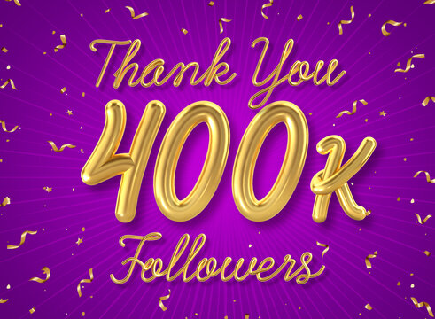 Thank you 400k followers poster with confetti background, Thank you followers social media post. 3d illustration.