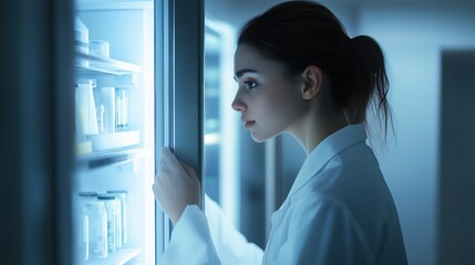 A woman in a white lab coat is looking into a refrigerator,generative ai image