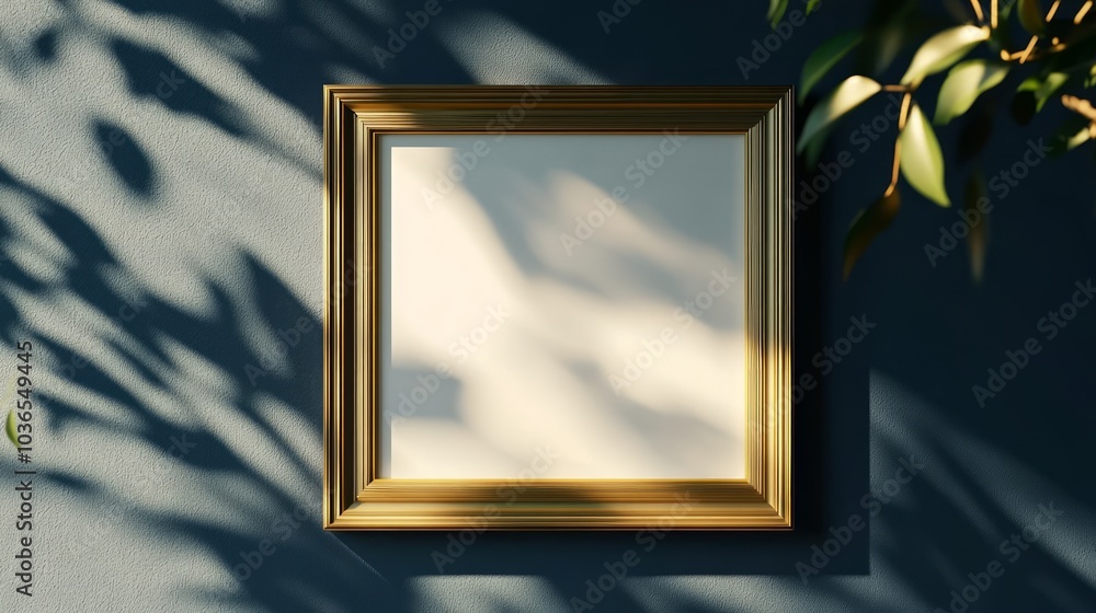 Wall mural mockup gold colored photo frame with a shadow cast on it, ai generated images