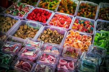Assortment of colourful handmade candies in boxes on a stall