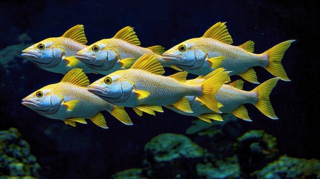 A school of yellowtail snapper fish swim in a dark blue, underwater environment.