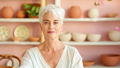 a small business, a hostess and a seller in her handmade plate shop. old white short-haired woman in a shop with clay dish.