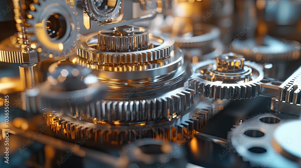 Poster gears rotating in sync, showcasing the detailed mechanics behind engineering solutions and mechanica