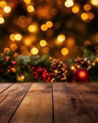 Rustic wooden surface with a softly blurred Christmas theme in the background, featuring warm lights and festive decorations, shallow depth of field, cozy holiday ambiance