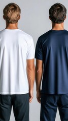 White blank tshirt front and back views on a male model, minimalist apparel mockup, neutral lighting, simple and clean background, ideal for design presentation and branding