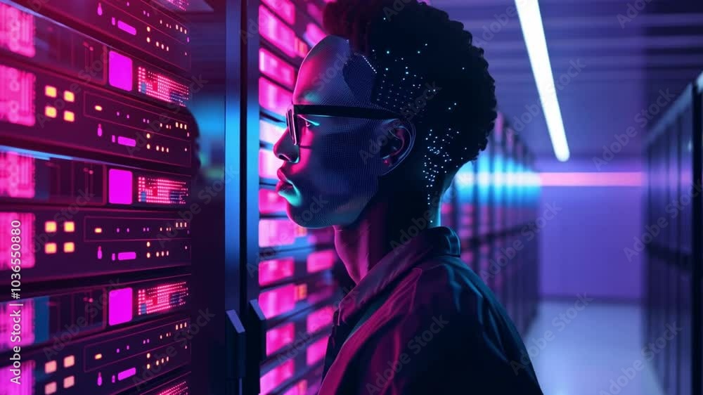 Poster in a vibrant data center, a young individual observes rows of servers, illuminated by colorful led l