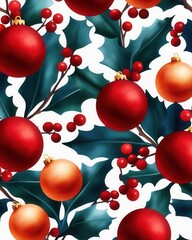 Winter watercolor floral pattern with Christmas balls, fir branches, and berries, vibrant holiday colors, seamless design Suitable for festive greeting cards and flyer designs