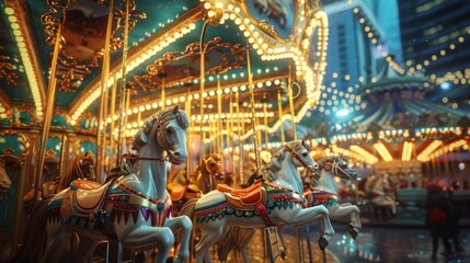 Fototapeta premium Carousel Horses Under Festive Lights