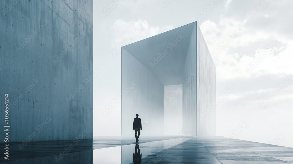 Poster abstract figure walking towards simple building structure