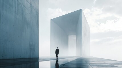Abstract Figure Walking Towards Simple Building Structure